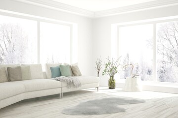 White living room with sofa and winter landscape in window. Scandinavian interior design. 3D illustration