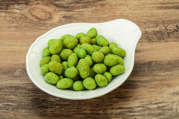 Spicy wasabi peanuts in the bowl