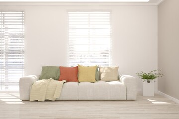 White living room with sofa. Scandinavian interior design. 3D illustration