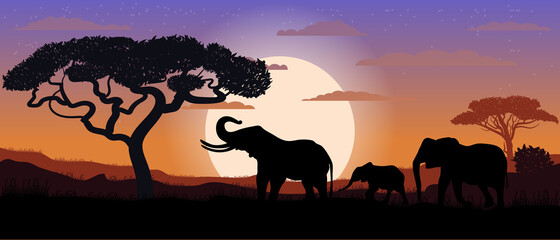 Drawing silhouette of an elephant family. Vector colorful. Sunset. Safari. Travel.