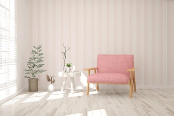 White living room with armchair. Scandinavian interior design. 3D illustration