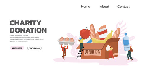 Social supporting, Social care, Volunteering and Charity Concept.  People Filling Food and product into donation box for helping poor people. flat design vector illustration