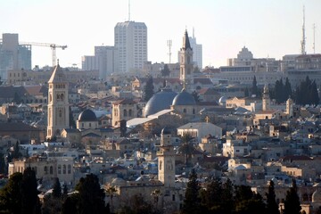 Jerusalem, Israel, view of the Church of the Holy Sepulchre (blue domes) and the Old City from the Mount of Olives