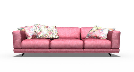 3d roter Leder Dreisitzer, Couch, Sofa mit Kissen, freigestellt