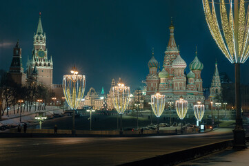 The lights of the Christmas illuminations on Vasilevsky descent