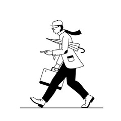 Stylish man walking with a suitcase and umbrella. Black and white line vector illustration of a fashionable young man in a hat with glasses walking down the street and looking at the paper in the hand