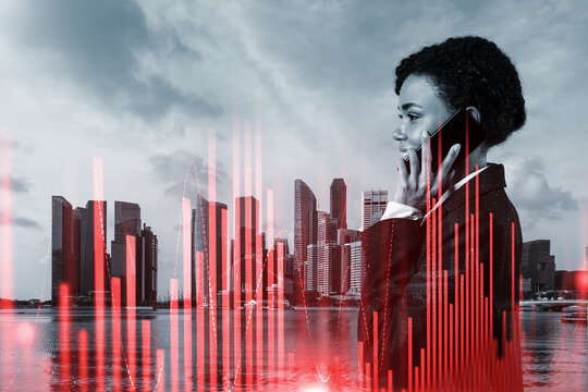Attractive black businesswoman trader processing conference call to forecast the capital market behavior. Concept of trading strategy. Forex chart. Singapore. Double exposure.