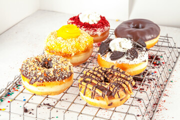 Assorted gourmet brioche doughnuts freshly made baked