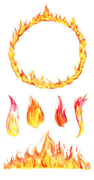 Set of hand drawn watercolor flames. Round frame and different fire elements. Sketch illustration isolated on white background