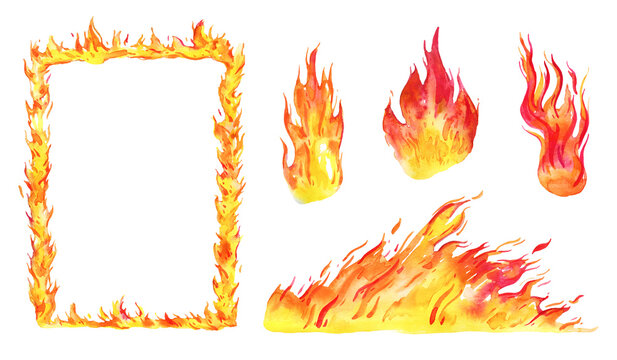 Set of hand drawn watercolor flames. Rectangular frame and different fire elements. Sketch illustration isolated on white background