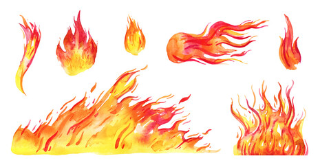 Watercolor flames set. Different fire elements. Hand drawn sketch illustration. Isolated on white background