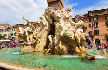Fountain of the four rivers on the Piazza Navona square in Rome. Fontana dei Fiumi del Bernini in the eternal city and capital of Italy.