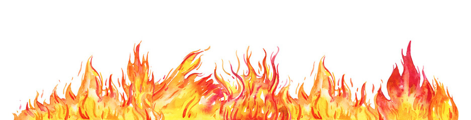 Hand drawn watercolor fire. Flame on the bottom of the page Isolated sketch illustration on white background