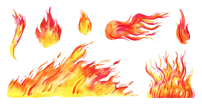 Watercolor flames set. Different fire elements. Hand drawn sketch illustration. Isolated on white background