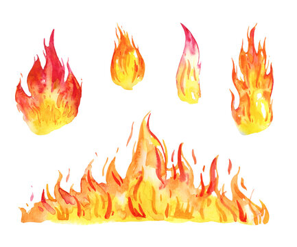 Watercolor flames, lights and torches set. Different fire elements. Hand drawn sketch illustration. Isolated on white background