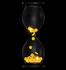 vector illustration dark background with black hourglass with golden coins