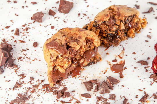 Chocolate Chip Cookie With Crushed Chocolate Ingredients And Oozing Melted Chocolate