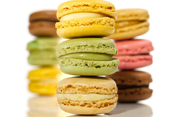 Macaron. Traditional french colorful macarons close up, macro isolated on white