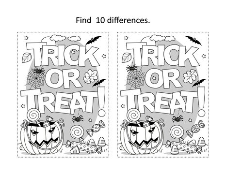 Halloween "Trick or treat!" find the differences picture puzzle and coloring page
