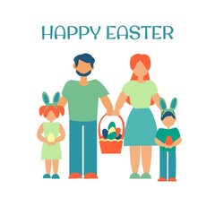 Family with basket of easter eggs Happy easter card Flat illustration