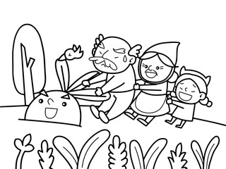 All members of farmer family try to get the huge carrot for dinner in fairy tale without color