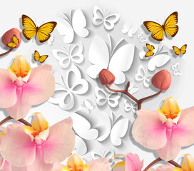 3D Illustration of beautiful pink flowers 3d background 3D Wallpaper. Wallpaper with butterflies.