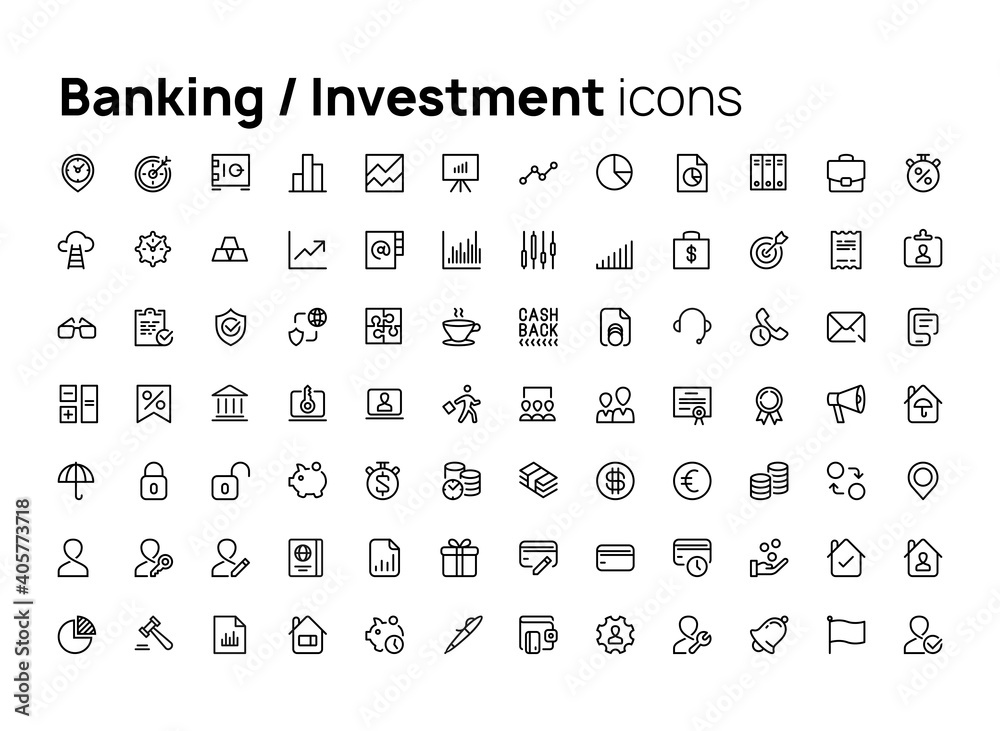 Poster banking and investment. high quality concepts of linear minimalistic flat vector icons set for web s