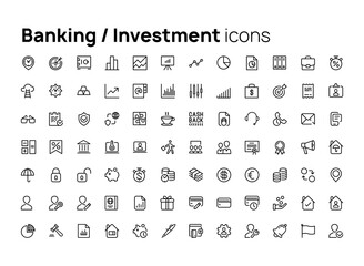 Fototapeta na wymiar Banking and investment. High quality concepts of linear minimalistic flat vector icons set for web sites, interface of mobile applications and design of printed products.