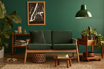 Stylish living room in house with modern retro interior design, velvet sofa, carpet on floor, brown...