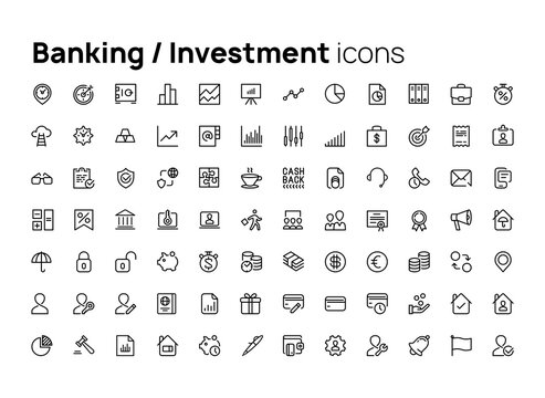 Banking and investment. High quality concepts of linear minimalistic flat vector icons set for web sites, interface of mobile applications and design of printed products.