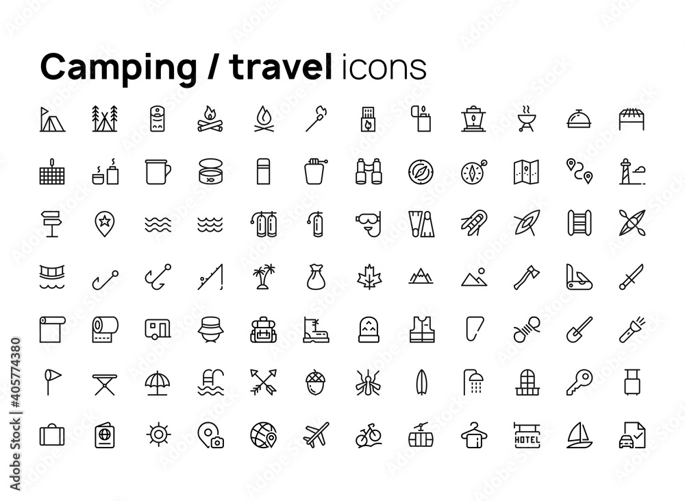Poster camping and travel. high quality concepts of linear minimalistic vector icons set for web sites, int