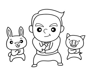 Little boy look cool with rabbit and pig