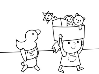 Girl clear her room with her bear without color for color book