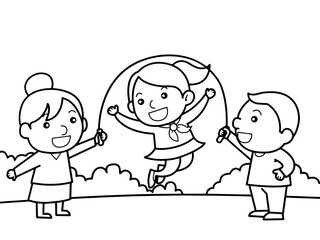 Girls and boy playing jump rope in park with happy faces without color for color book