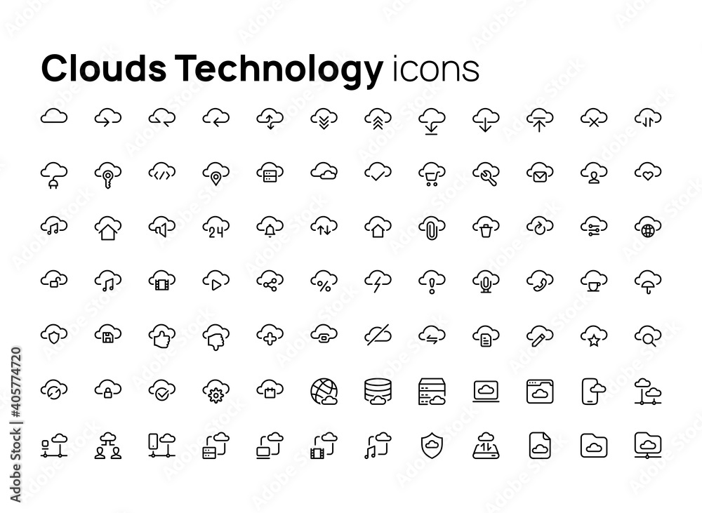 Poster clouds technology. high quality concepts of linear minimalistic vector icon set for web sites, inter