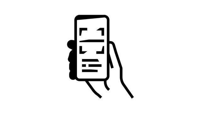 scanning qr code phone app animated black icon. scanning qr code phone app sign. isolated on white background