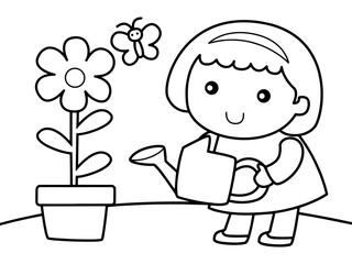 Young girl water flower in a pot with a small butterfly without color for color book