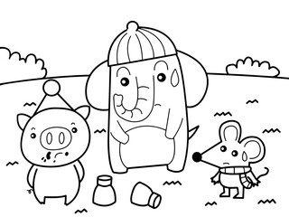 Elephant, pig and mouse play together in a park