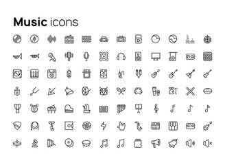 Music, audio and musical instruments. High quality concepts of linear minimalistic flat vector icons set for web sites, interface of mobile applications and design of printed products.