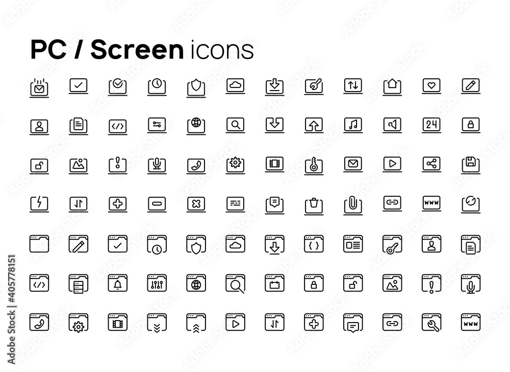 Poster pc and screens. high quality concepts of linear minimalistic vector flat icons set for web sites, in