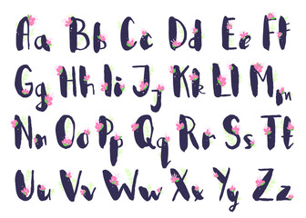 Female Lettering alphabet with Pink Flowers. Hand made violet ink font. Hand drawn Letters written with a brush. Trendy Wedding vector illustration