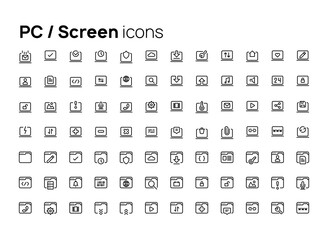 PC and screens. High quality concepts of linear minimalistic vector flat icons set for web sites, interface of mobile applications and design of printed products.