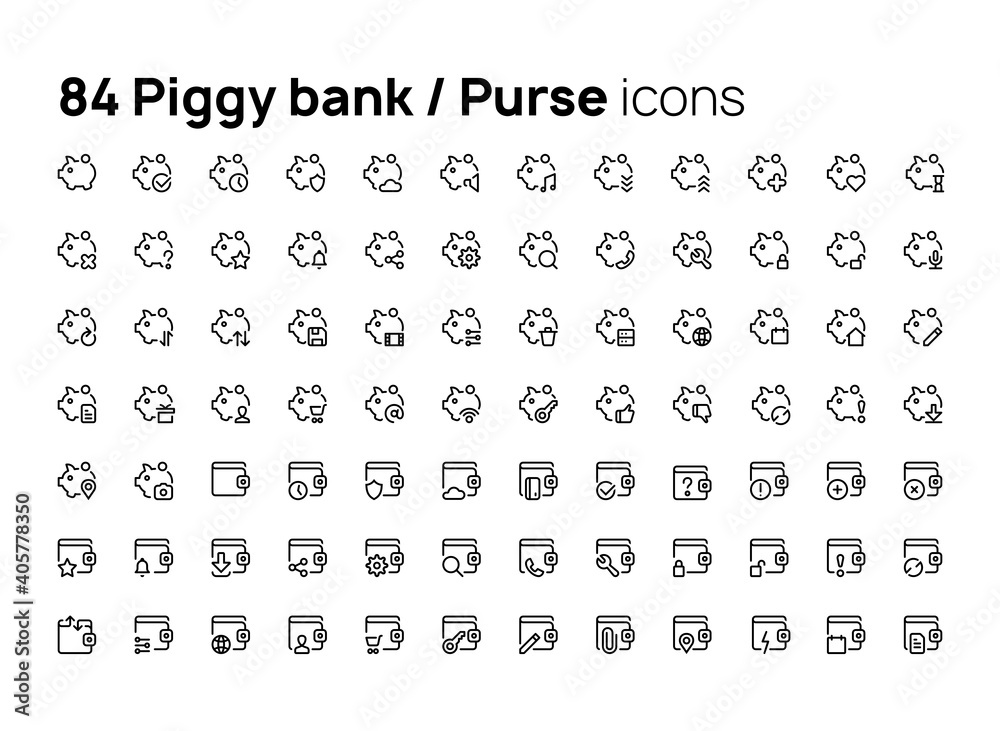 Poster piggy bank, purse. high quality concepts of linear minimalistic flat vector icons set for web sites,