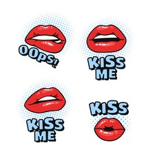Sexy Female Lips with Gloss Red Lipstick and Text. Pop Art Style Vector Fashion Illustration Woman Mouth and Quote. Gestures Collection Expressing Different Emotions