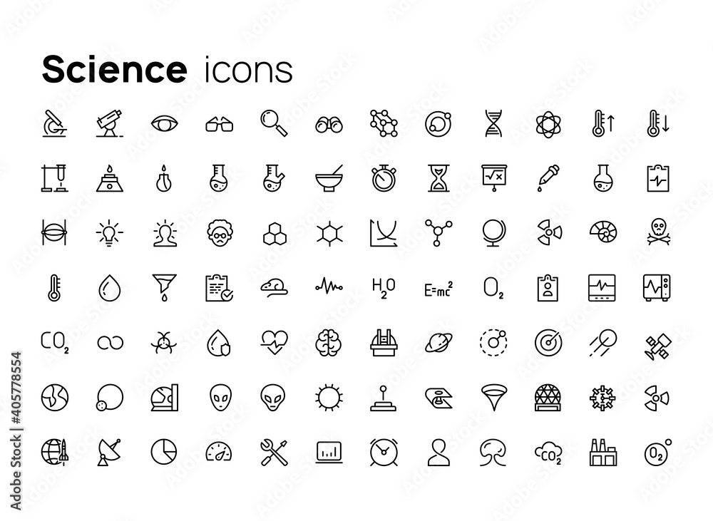 Poster science. high quality concepts of linear minimalistic vector icons set for web sites, interface of m