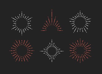 Fototapeta premium Set of Vintage Sunbursts in Different Shapes. Trendy Hand Drawn Retro Bursting Rays Design Elements. Hipster Vector illustration