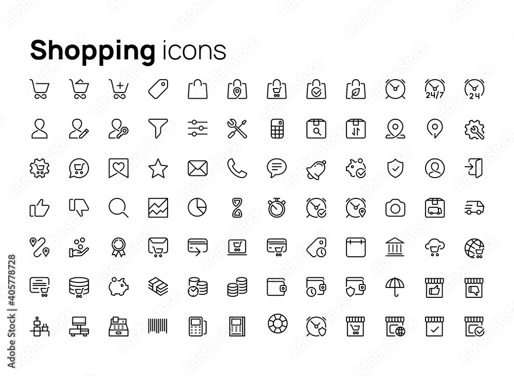 Poster shopping. high quality concepts of linear minimalistic vector icons set for web sites, interface of 