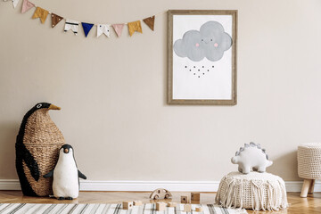 Stylish scandinavian kid room with mock up poster, toys, teddy bear, plush animal, natural pouf and children accessories. Modern interior with beige background walls. Template. Design home staging. © FollowTheFlow