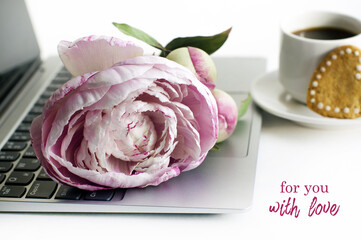 for you with love - text. laptop, beautiful pink peony flower with buds, cup of coffee, heart shaped gingerbread cookies on a white background close up. gift for valentine's day.