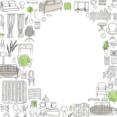 Furniture, lamps and plants for the home. Vector background.